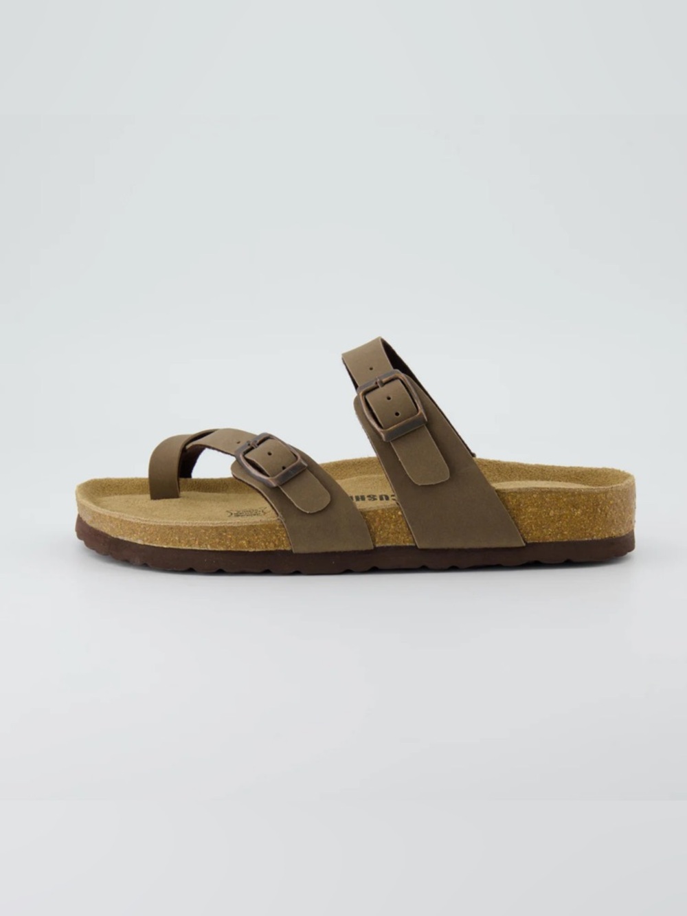 Cushionaire Luna Sandal | Brown Buckle Cork Footbed Sandal